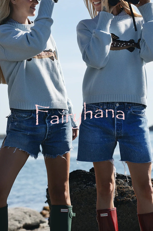 Fashionable Fish Pattern Round Neck Loose Knitted Sweater