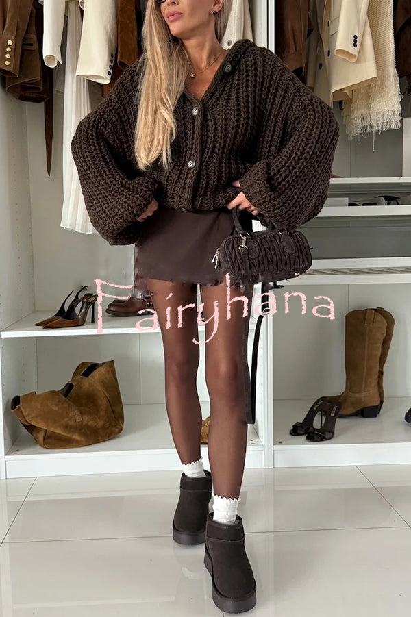 Warm Day Knit Button Up Long Balloon Sleeve Hooded Loose Cardigan