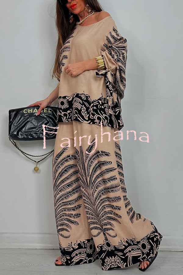 Unique Print Loose Drawstring Long Sleeve Top and Elastic Waist Casual Pocket Wide Leg Pants Set