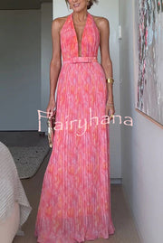 Unique Print Sexy Halter Neck Tie Pleated Vacation Maxi Dress