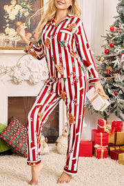 Color-blocked Striped Christmas Print Casual Long-sleeved Shirt and Elastic Waist Pants Set