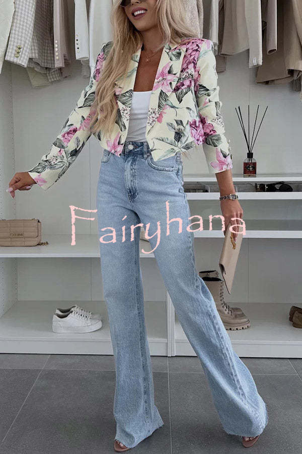 Picture Perfect Botanical Floral Print Long Sleeve Lapel Crop Blazer