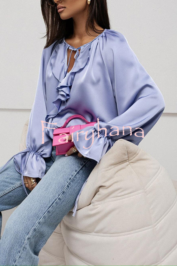 Satin Solid Color V-neck Tie Ruffle Casual Shirt