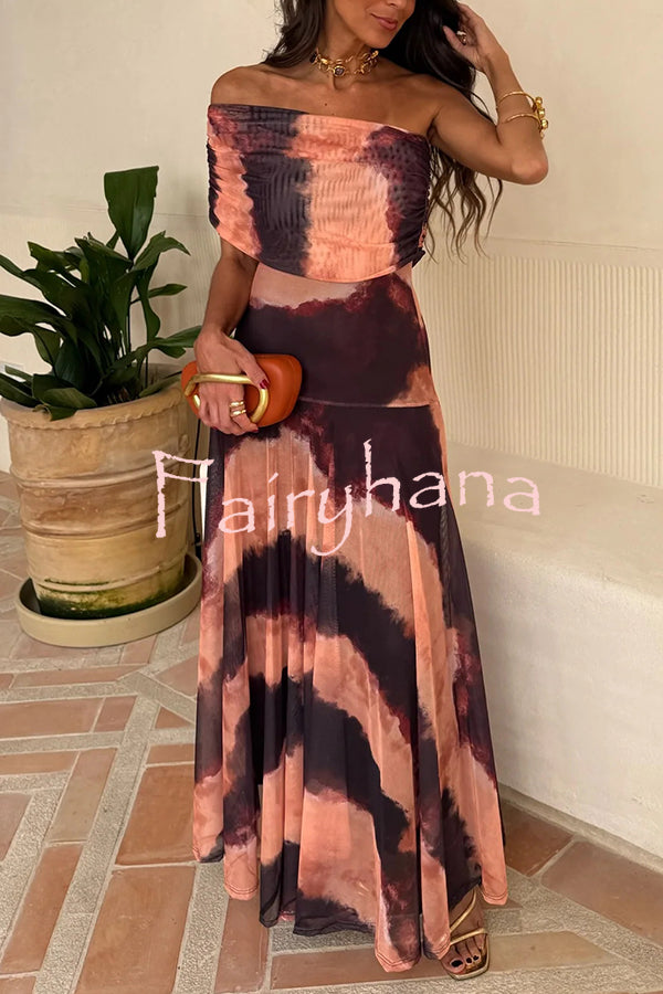 Unique Printed Off-the-shoulder Waisted Holiday Maxi Dress