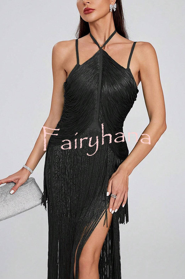 Sexy Halterneck Open Back Elegant Tassel Slim Maxi Dress