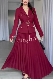 Solid Color Lapel Button Belt Blazer and Pleated Casual Maxi Skirt Set