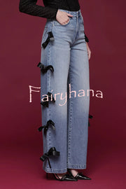 Runway Muse Denim High Rise Bow Trim Pocketed Wide Leg Jeans