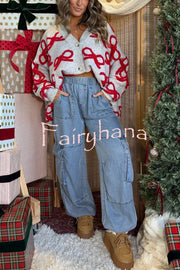 Santa Baby Knit Bow Color Block Button Up Long Sleeve Oversized Fit Cardigan