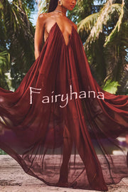 Flowing Lightweight Chiffon Chain Halter Neck Detail Backless A-line Maxi Dress