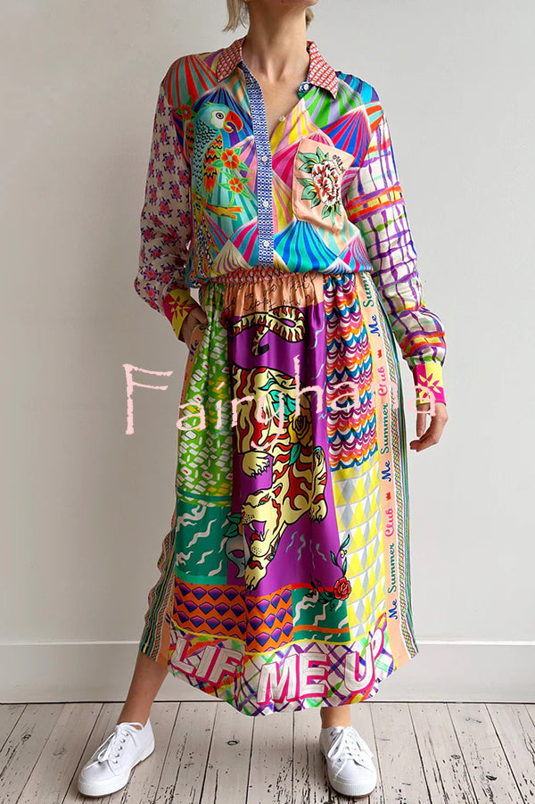 You Make Me Wonder Satin Colorful Unique Print Button Down Oversized Blouse