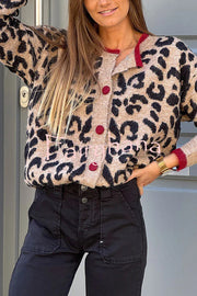 Leopard Print Crew Neck Long-sleeved Loose Knit Cardigan