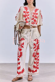 Till Sunset Linen Blend Unique Print Elastic Waist Pocket Wide Leg Pants