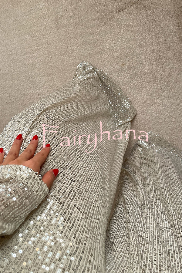 Fashionable Shiny Sequined Long-Sleeved Cropped Top and Casual Wide-Leg Pants Set