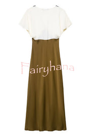 Fashionable Contrast Color V-neck Lace Stitching Maxi Dress
