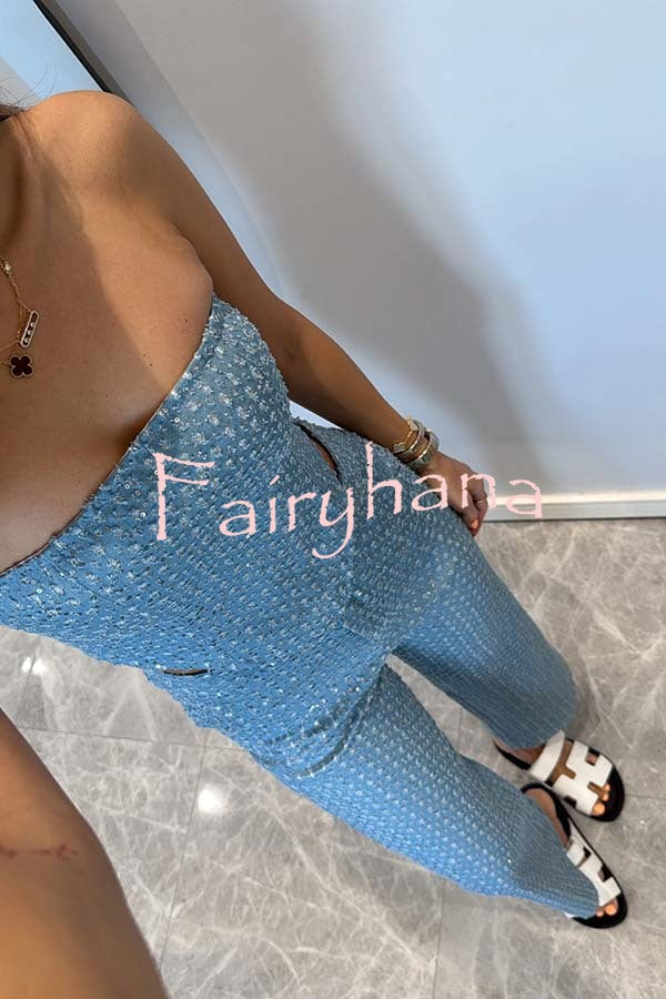 Fashionable Look Denim Sequin Textured Tube Top