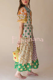 Linen Blend Unique Print Lapel Puff Sleeve Casual Midi Dress