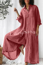 Amaris Cotton and Linen Blend Long Sleeve Loose Wide Leg Shirt Jumpsuit
