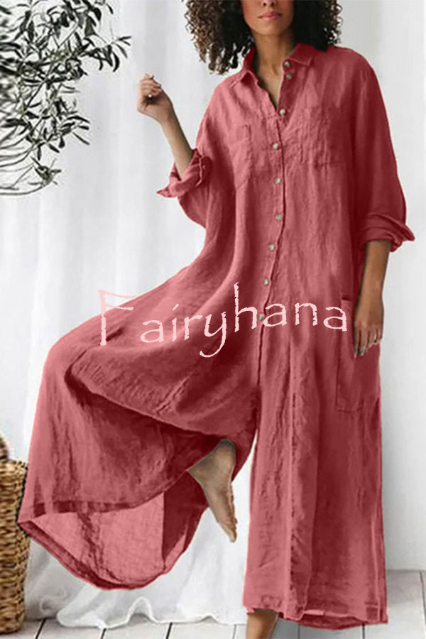 Amaris Cotton and Linen Blend Long Sleeve Loose Wide Leg Shirt Jumpsuit