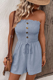 Solid Color Tube Top Button Pleated Casual Rompers