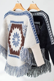 Ethnic Style Loose Long-sleeved Tassel Hem Knitted Sweater