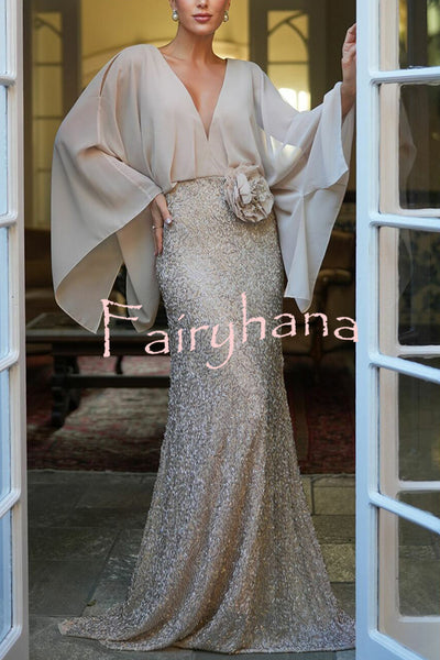 Aleina Chiffon Batwing Sleeve Flower Embroidered Waist Sequin Fabric Maxi Dress