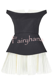 Love Unscripted Patchwork Off-shoulder Sleeveless Pleated Mini Dress