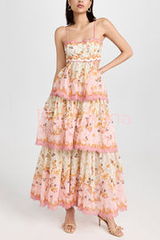 Charming Smile Floral Print Scalloped Lace-trim Back Tie-up Tiered Maxi Dress