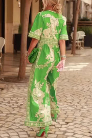 Plant Print V-Neck Short Sleeve Button Loose Pocket Jumpsuit