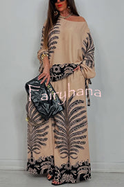 Unique Print Loose Drawstring Long Sleeve Top and Elastic Waist Casual Pocket Wide Leg Pants Set
