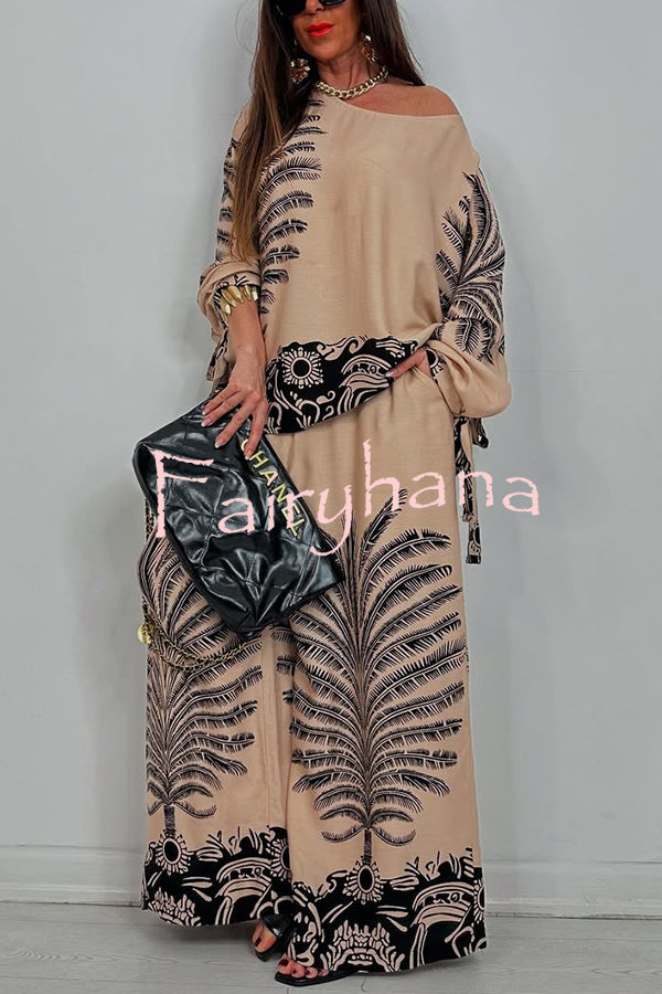 Unique Print Loose Drawstring Long Sleeve Top and Elastic Waist Casual Pocket Wide Leg Pants Set