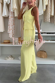 Workplace Chic Sleeveless Button Vest and Relaxed Pocket Wide Leg Pants Set