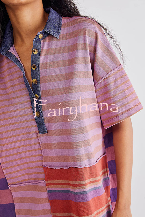 Contrast Striped Patchwork Denim Lapel Loose Casual Mini Dress
