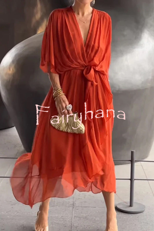 Solid Color V-neck Bat Sleeve Lace-up Irregular Hem Midi Dress