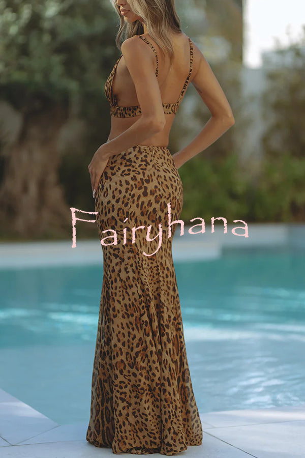 Elegant Wildness Leopard Print Elasticated Cutouts Slip Maxi Dress