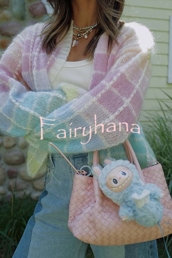 Palette Day Knit Color Blocks Open Front Balloon Sleeve Loose Cardigan