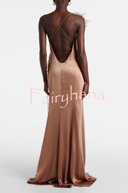 Celebration Night Satin Feather Trim Wrap Tie-up Slit Gown Maxi Dress