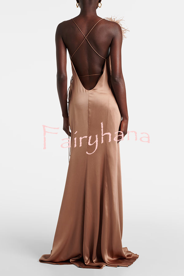 Celebration Night Satin Feather Trim Wrap Tie-up Slit Gown Maxi Dress