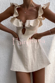 Happy Energy Linen Blend Ruffle Cut Out Resort Mini Dress