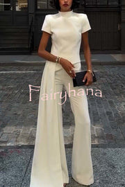 Pippa High Neck Short Sleeve Irregular Drape Hem Top and Elastic Waist Flare Pants Set