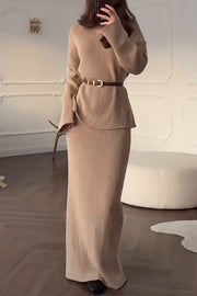 Solid Color Long-sleeved V-neck Casual Knitted Sweater and Elegant Maxi Skirt Set