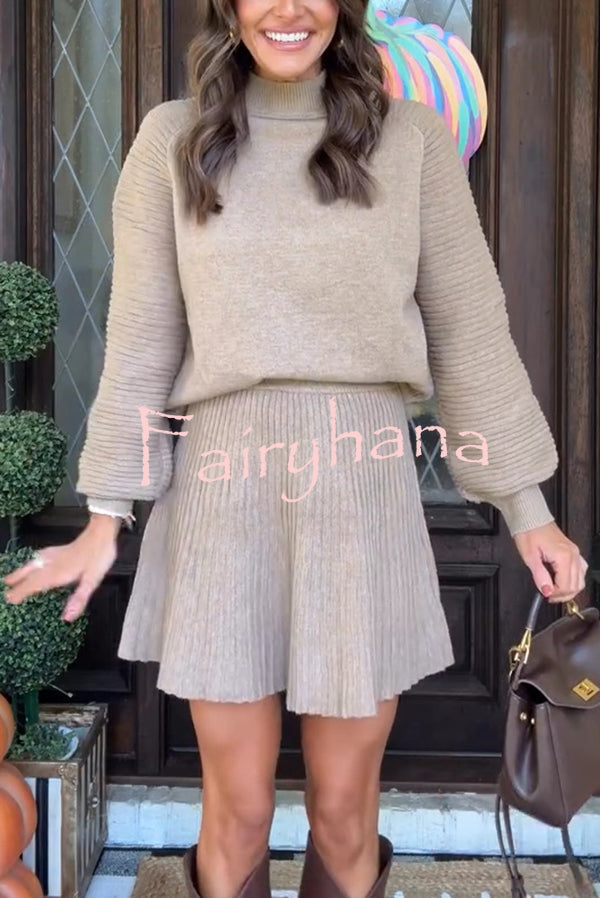 Solid Color Round Neck Puff Sleeve Loose Knit Sweater and Casual Striped Mini Skirt Set