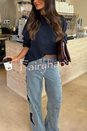 Jessy Denim Mid Rise Side Star Pattern Pocket Wide Leg Jeans