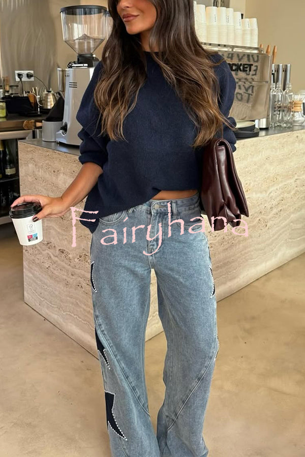 Jessy Denim Mid Rise Side Star Pattern Pocket Wide Leg Jeans