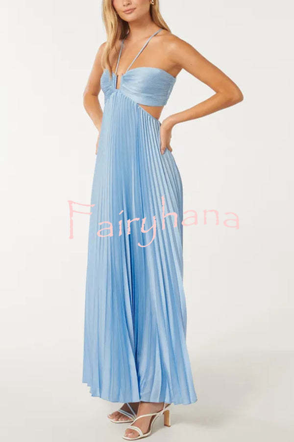 Caught Your Eye Satin Pleated Cross Straps Cutout Flowing Maxi Dress