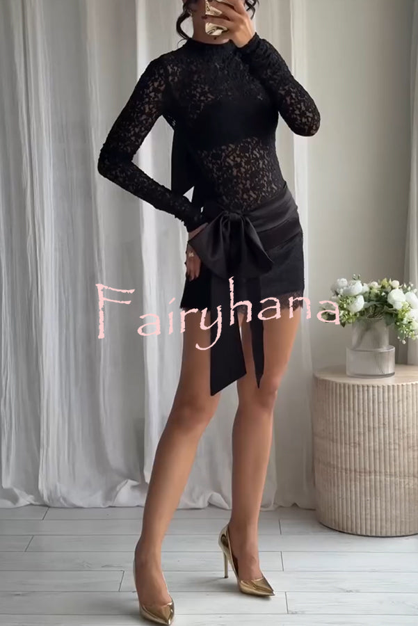 Anna Semi-sheer Lace Long Sleeve Back Bow Tie-up Cutout Stretch Bodysuit