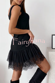 Breezy City Tulle Lace Tiered Hem Stretch Tank Mini Dress