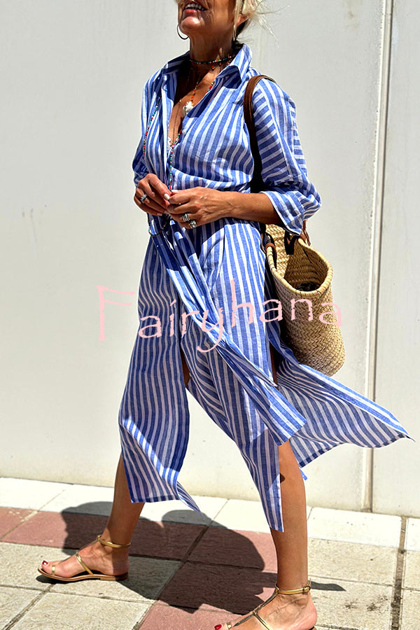Summer Splendor Printed Button Half Sleeve Belt Loose Shirt Midi Dress