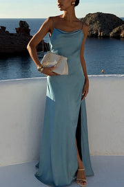 Flowing Elegance Satin Draped Neck Backless Ruffle Slit Maxi Dress