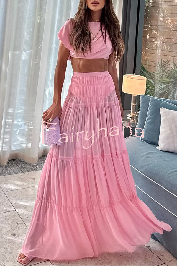Stunning Chiffon Ruched Shoulder Short Sleeve Crop Top