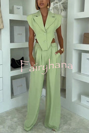 Fashion Style Lapel Waist-baring Irregular Vest and  Elastic Waist Pocket Loose Pants Set